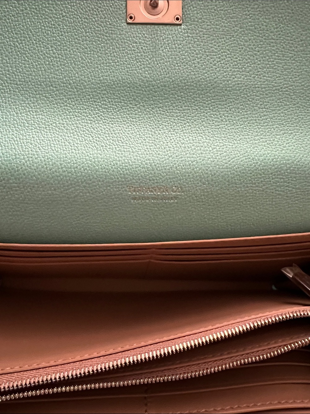 New! Tiffany & Co. Turquoise Leather Clutch with Silver-Tone Push Lock - Picture 7 of 11